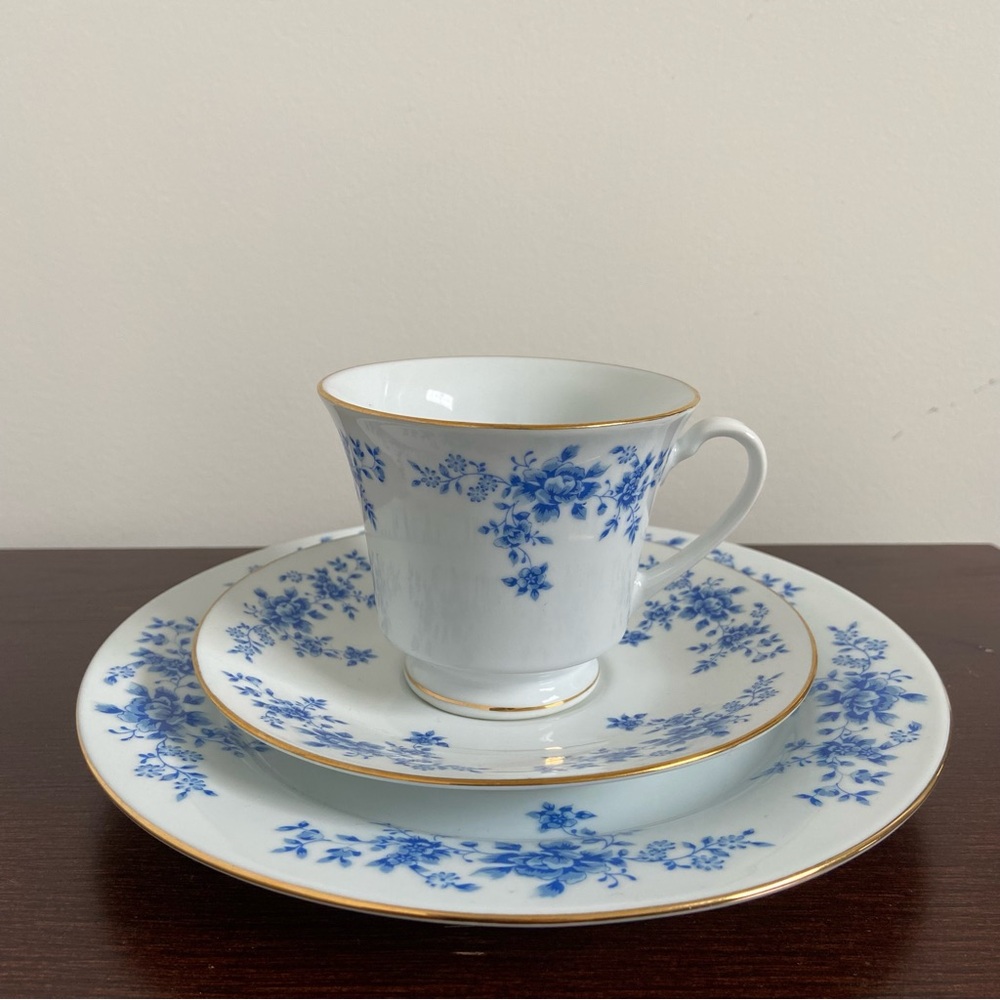 Vintage China Garden Blue Floral Cup, Saucer & Dessert Plate w/ Gold Trim